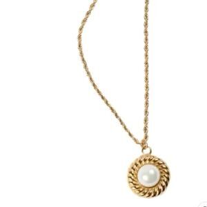 Alco Gold Plated Titanium French‎ Rope Twist Acrylic White Pearl Charm Necklace
